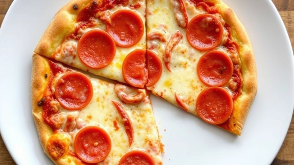 Close-up overhead shot of a freshly cut Costco pepperoni pizza slice on white plate with steam rising, showing melted cheese and pepperoni details, natural lighting from above