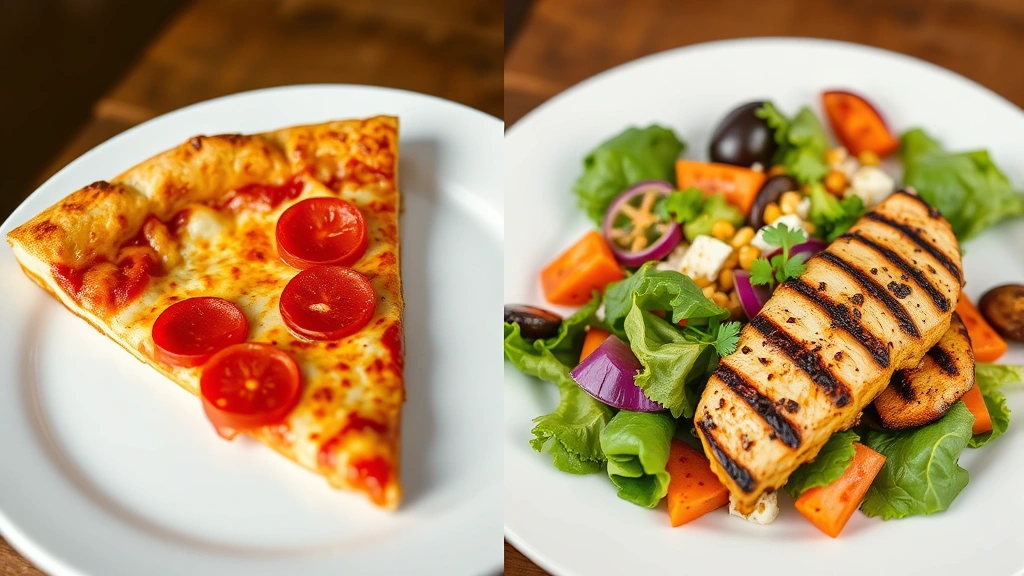 Split-screen comparison showing Costco pizza slice on left, colorful salad with grilled chicken on right, both on white plates, professional food photography style