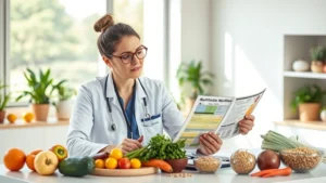 Professional dietitian reviewing nutrition labels and food composition data on a modern desk with fresh vegetables and whole grains nearby, analytical expression, natural lighting, health-focused workspace