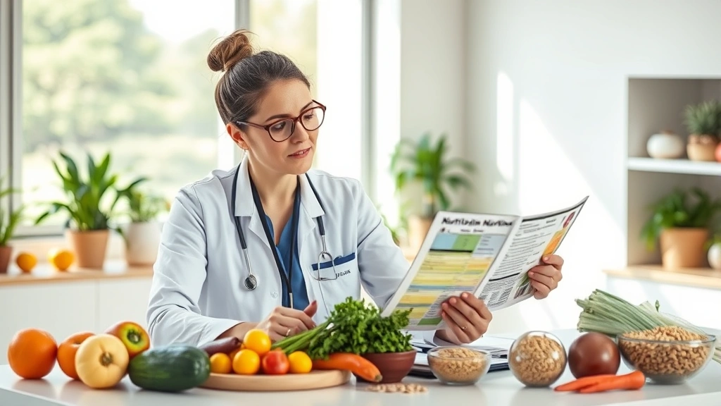 Professional dietitian reviewing nutrition labels and food composition data on a modern desk with fresh vegetables and whole grains nearby, analytical expression, natural lighting, health-focused workspace