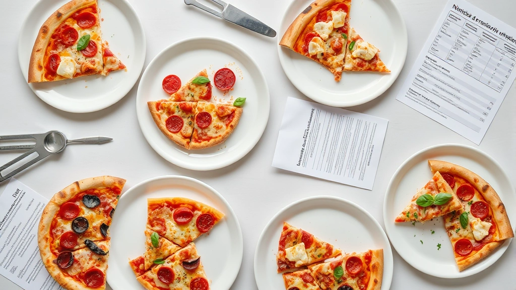 Overhead shot of diverse pizza slices on white plates with measuring implements and nutritional reference materials, scientific presentation style, clean composition, no text visible