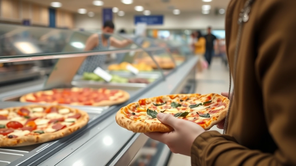 Close-up of someone selecting pizza at a food court counter with fresh salad bar visible in background, realistic shopping scenario, natural casual lighting, no signage or identifiable text