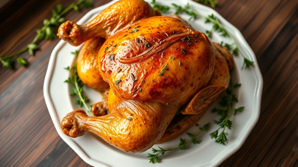 Close-up overhead shot of golden-brown rotisserie chicken on white ceramic plate with fresh herbs scattered around, natural window lighting, shallow depth of field, professional food photography style