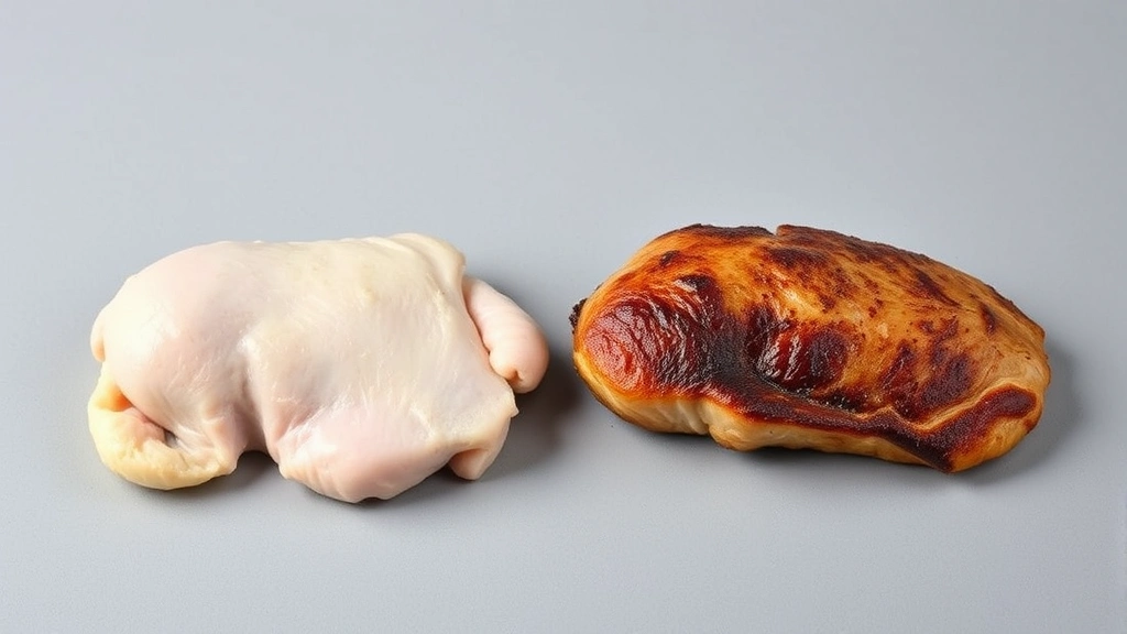 Split-screen comparison showing white chicken meat on left side and dark meat with crispy skin on right side, arranged on neutral gray surface, studio lighting, clean minimalist composition