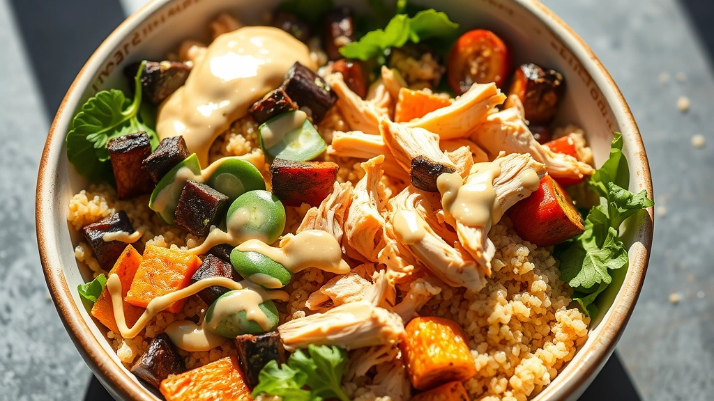 Vibrant colorful meal bowl featuring shredded rotisserie chicken with quinoa, roasted vegetables, leafy greens, and tahini drizzle, bright natural daylight, appetizing food styling