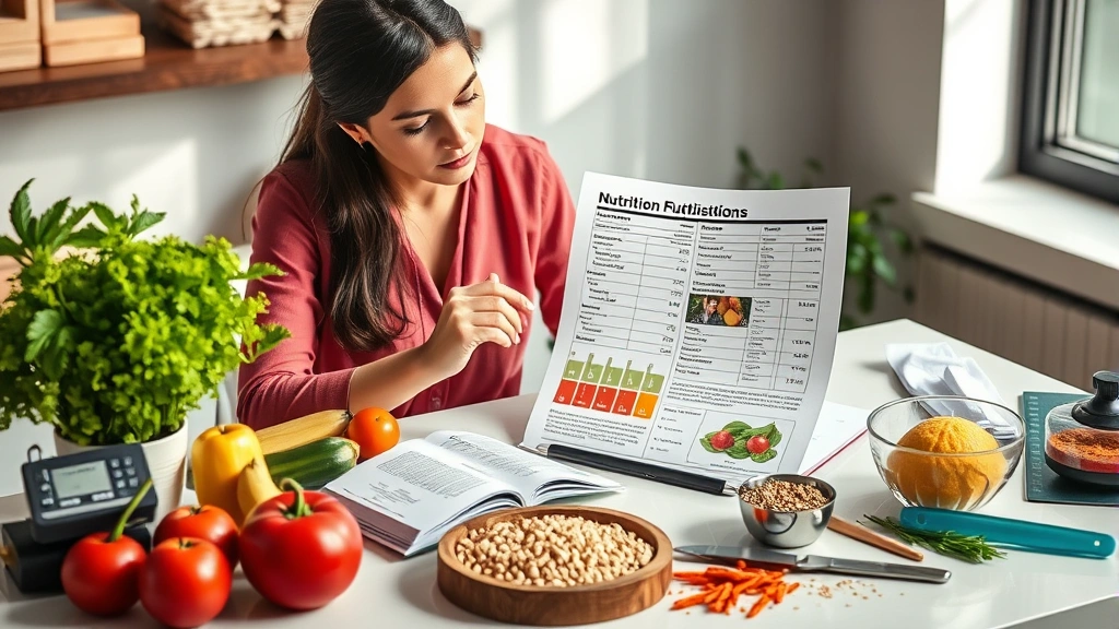 Professional dietitian analyzing nutrition labels and food composition data on a modern desk with fresh vegetables, whole grains, and measuring tools in soft natural lighting