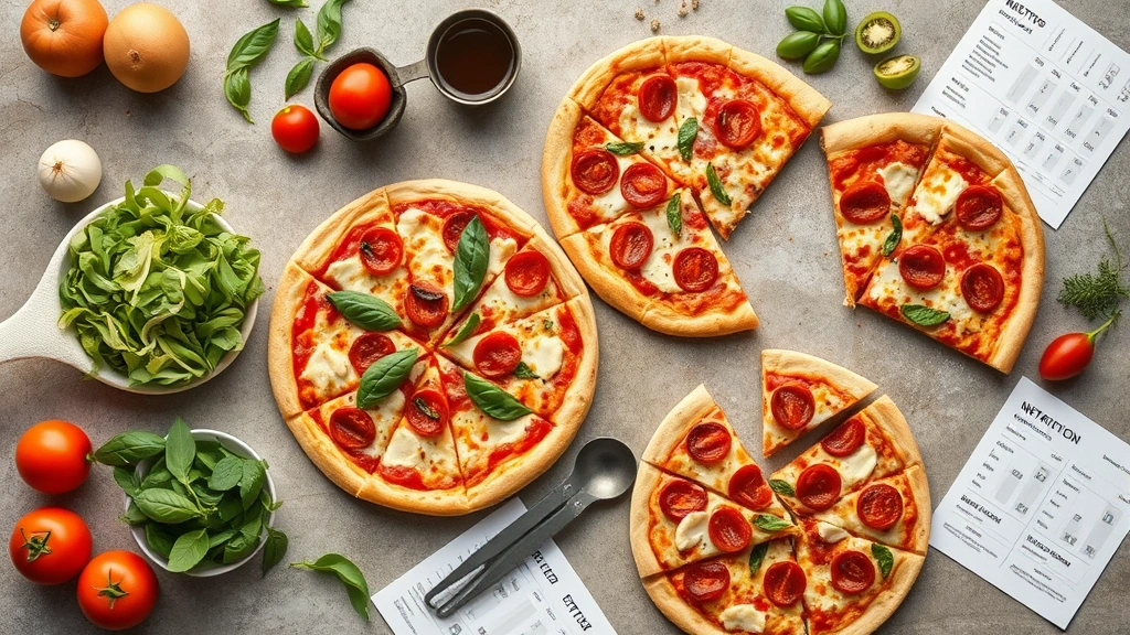Overhead flat lay of various pizza slices and fresh salad ingredients with measuring cups and nutritional data charts, minimalist composition with warm neutral tones