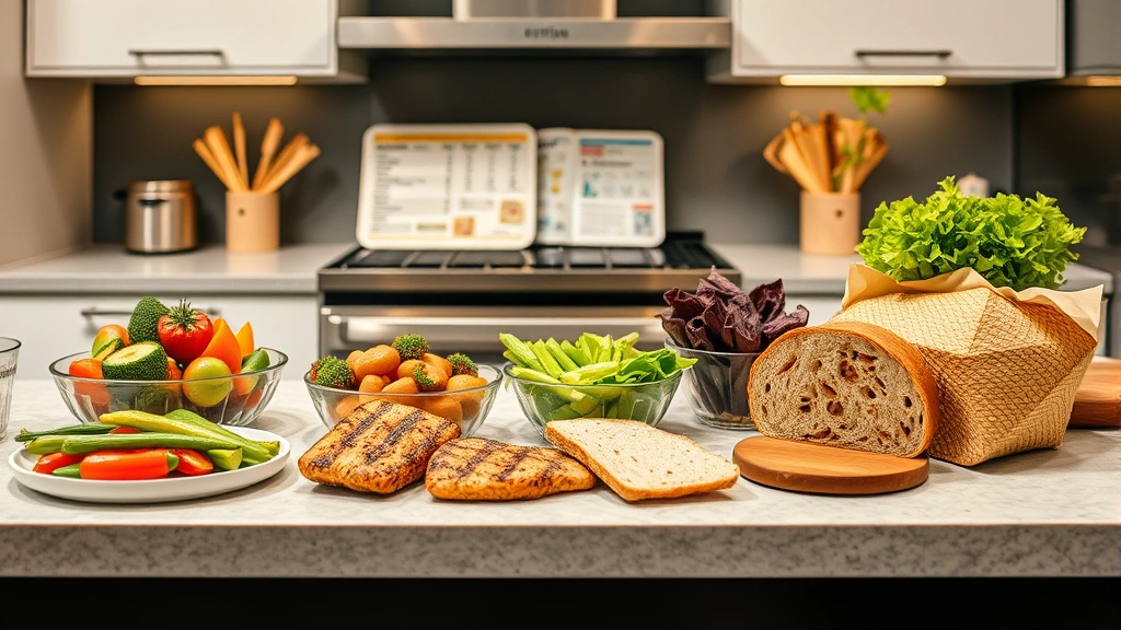 Modern kitchen counter displaying balanced meal components including grilled vegetables, lean proteins, and whole grain bread with nutrition reference guide in background