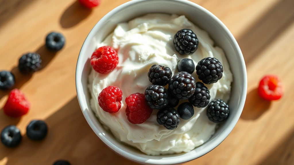 Close-up overhead shot of creamy cottage cheese in a white ceramic bowl with fresh berries scattered on top and around it, natural daylight streaming across wooden table surface, photorealistic food photography