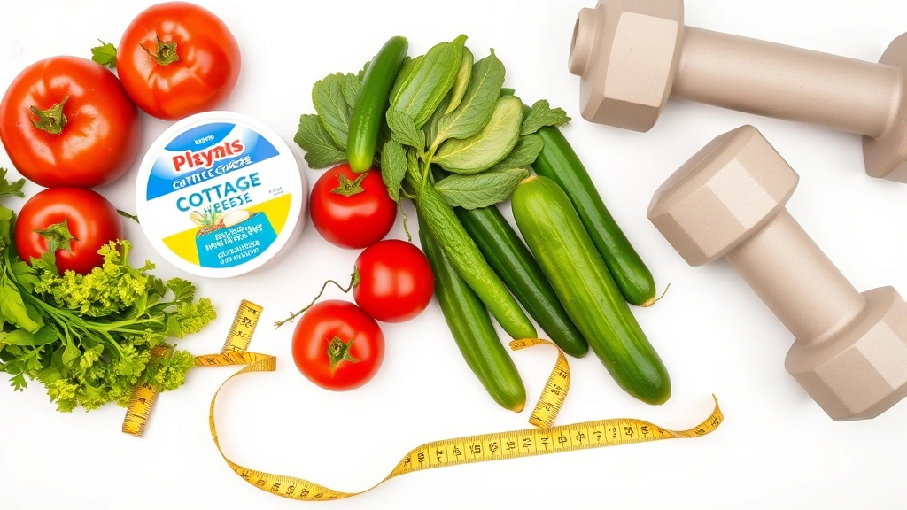 Flat lay arrangement of cottage cheese container, fresh vegetables including tomatoes and cucumbers, measuring tape, and dumbbells on clean white background, representing fitness nutrition and wellness lifestyle
