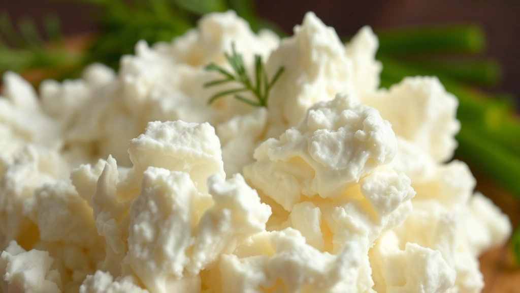 Macro photograph of cottage cheese texture showing individual curds and creamy consistency, with blurred fresh herbs like dill and chives in background, warm professional lighting emphasizing nutritional appeal