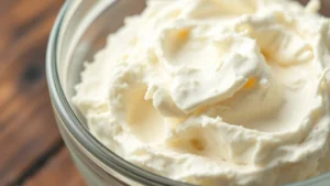 Close-up of creamy cottage cheese in a glass bowl with natural lighting, showcasing texture and appearance without any text or labels visible, professional food photography style