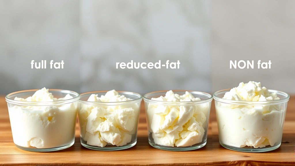 Split-screen comparison showing different cottage cheese varieties in transparent containers - full-fat, reduced-fat, and non-fat options displayed side by side with natural daylight illumination