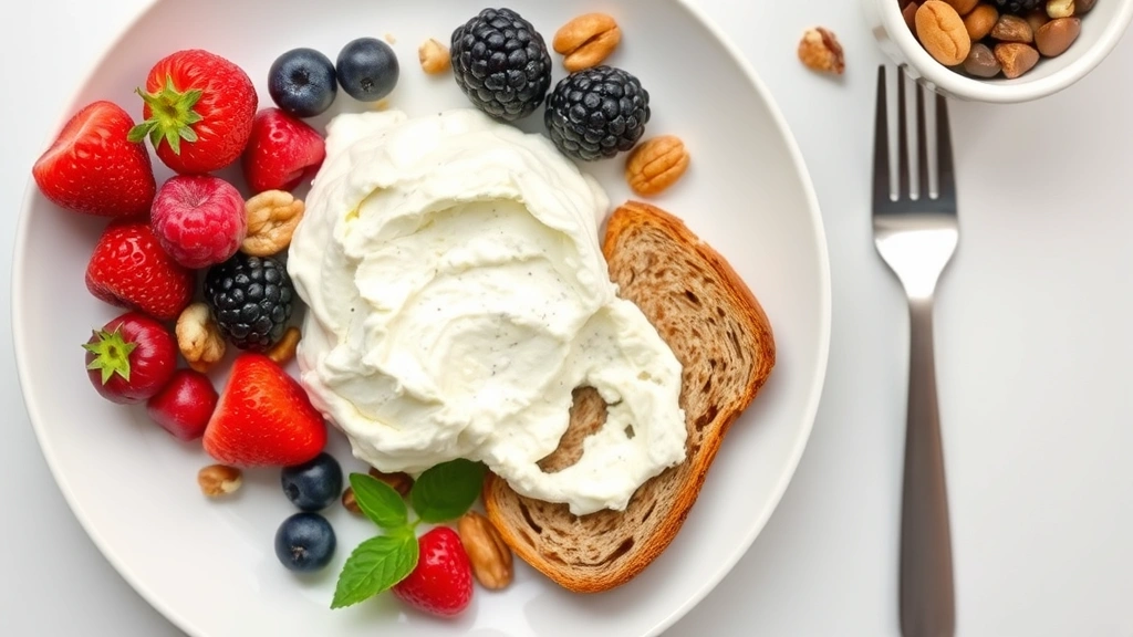 Overhead flat-lay composition featuring cottage cheese served with fresh berries, nuts, and whole grain toast on a white plate, demonstrating practical meal integration without any nutritional information visible