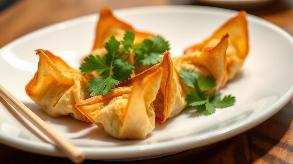 Vibrant golden-brown crispy crab rangoon wontons on a white ceramic plate with fresh cilantro garnish, chopsticks beside it, soft restaurant lighting, shallow depth of field, professional food photography, Asian fusion cuisine presentation