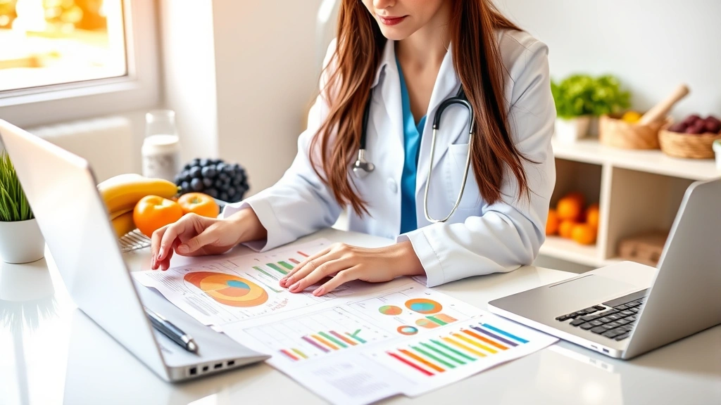 Nutritionist reviewing colorful dietary charts and nutrition information documents on modern desk with laptop, healthy food ingredients visible in background, professional healthcare setting, warm natural lighting, focused analytical work environment