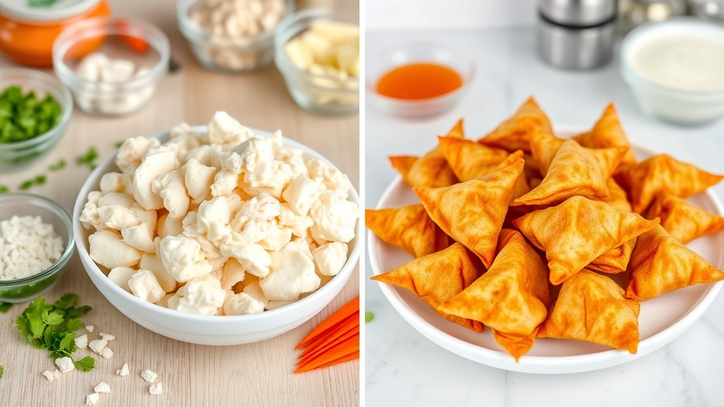 Split-screen comparison showing fresh raw crab meat and cream cheese ingredients on left side, finished deep-fried golden crab rangoon pieces on right side, ingredient components clearly visible, clean kitchen photography, educational food styling