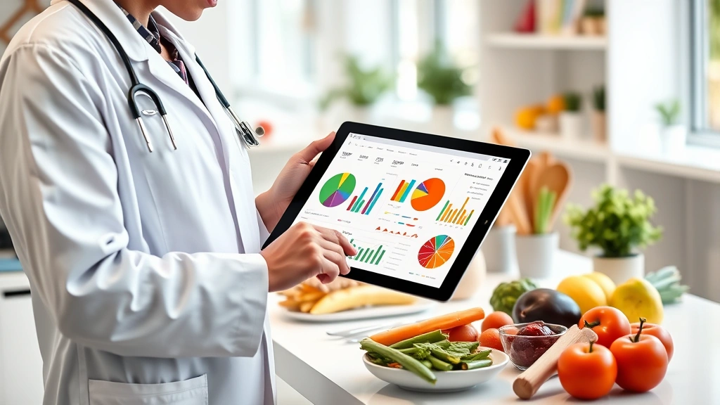 Nutritionist in white coat holding clipboard analyzing colorful food nutrition data charts on tablet display in bright modern clinic office setting with fresh healthy ingredients visible on desk