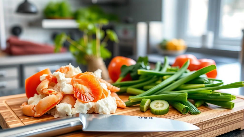Fresh crab meat, cream cheese, and vibrant green Asian vegetables arranged on bamboo cutting board with chef's knife in professional kitchen with natural window lighting