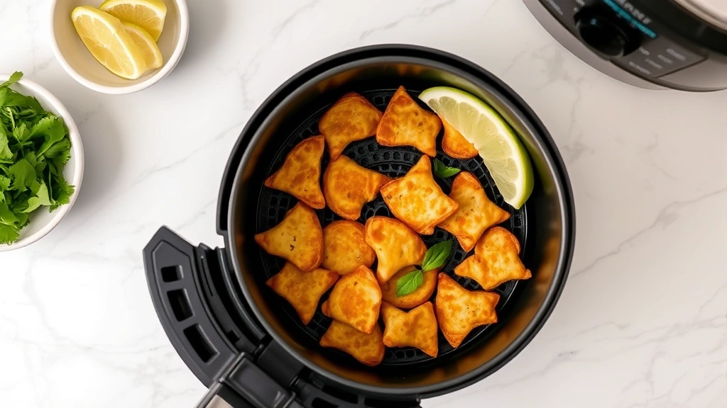 Overhead view of air fryer basket containing golden-brown crispy wonton pieces with fresh herbs and lime wedges on white marble countertop in contemporary kitchen environment