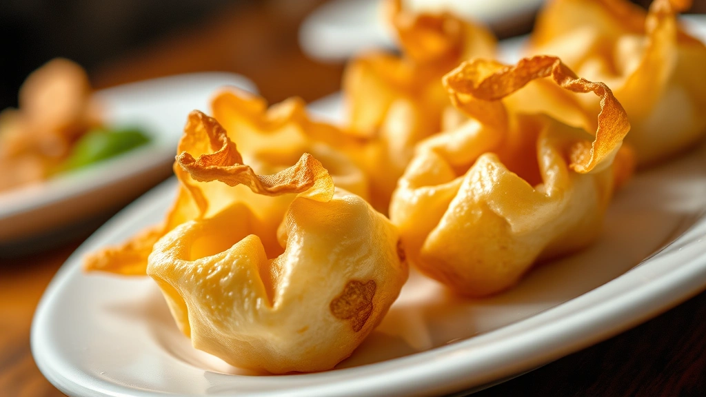 Close-up of golden-brown crispy crab rangoon wontons on white ceramic plate with condensation, professional food photography lighting, shallow depth of field, restaurant quality presentation