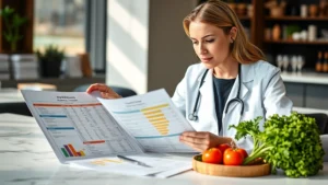 Professional female dietitian in white coat reviewing restaurant menu with nutritional analysis charts and fresh vegetables on modern desk, natural lighting, focused expression analyzing food composition data