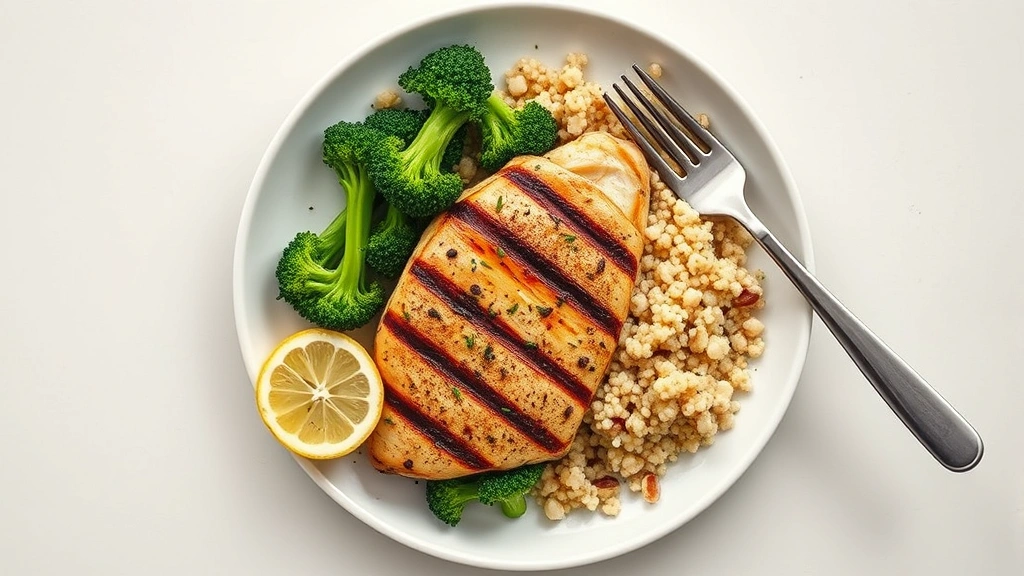 Overhead flat lay of grilled chicken breast with steamed broccoli and quinoa, fresh lemon slice, fork and knife, minimalist plating on white plate demonstrating balanced meal composition, soft natural lighting