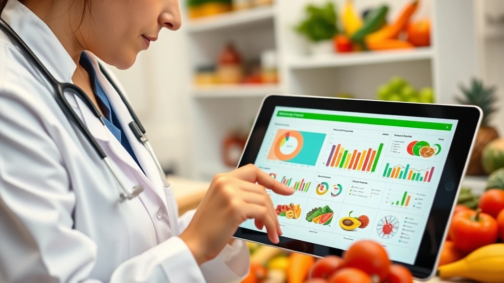 Professional dietitian reviewing colorful nutrition data charts and food analysis reports on modern tablet device in bright clinical setting, healthy foods displayed nearby