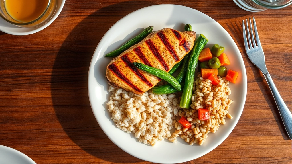 Overhead shot of balanced meal plate with grilled chicken, steamed vegetables, and whole grain components, restaurant table setting visible, warm natural lighting