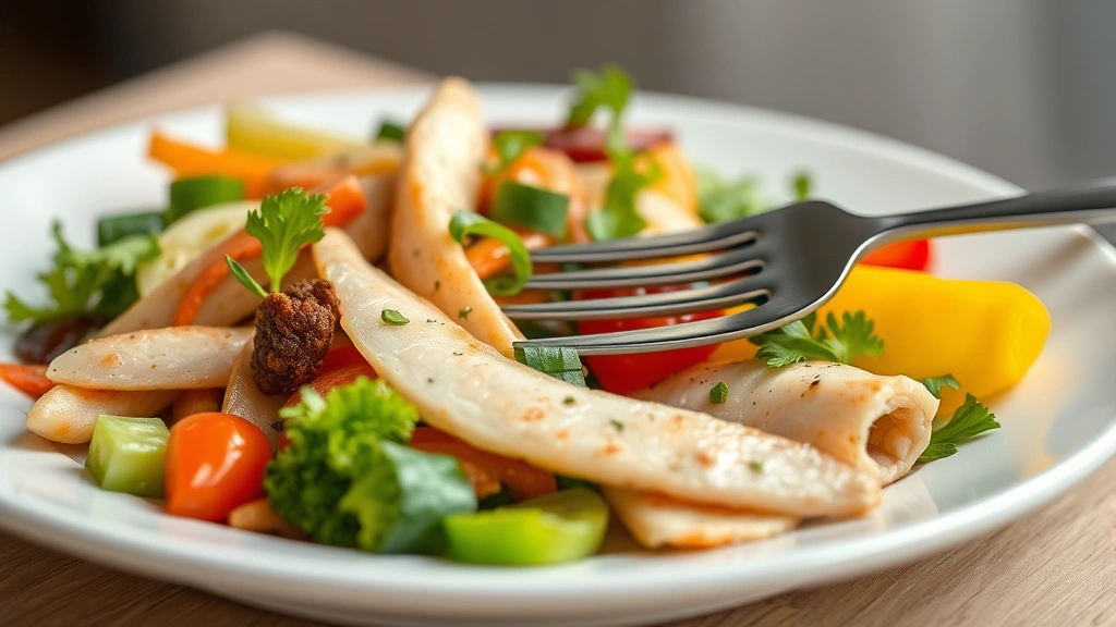 Close-up of diverse fresh vegetables and lean proteins arranged on white plate, fork positioned elegantly, minimalist dining aesthetic with soft background blur