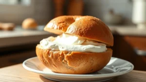 Professional food photography showing a freshly cut bagel with cream cheese spread generously across the surface, placed on a white ceramic plate with subtle morning sunlight illuminating the texture, soft focus kitchen background, minimalist styling