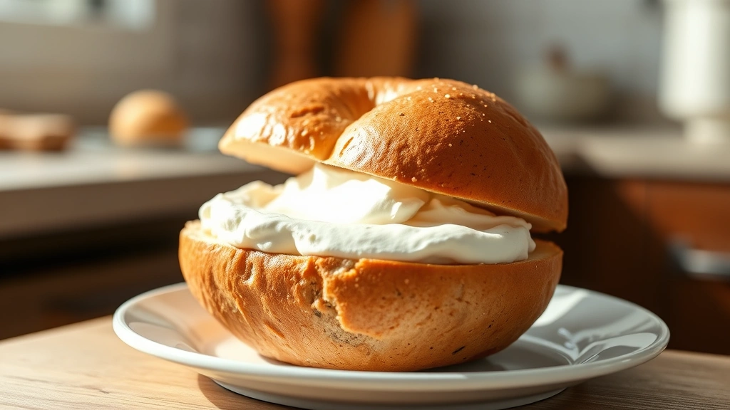 Professional food photography showing a freshly cut bagel with cream cheese spread generously across the surface, placed on a white ceramic plate with subtle morning sunlight illuminating the texture, soft focus kitchen background, minimalist styling