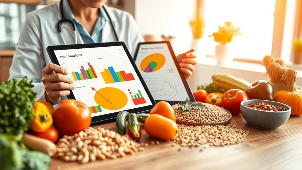 Nutritionist analyzing colorful macronutrient charts on tablet device in modern clinic office, surrounded by fresh vegetables and whole grains on wooden surface, warm natural lighting, professional healthcare setting
