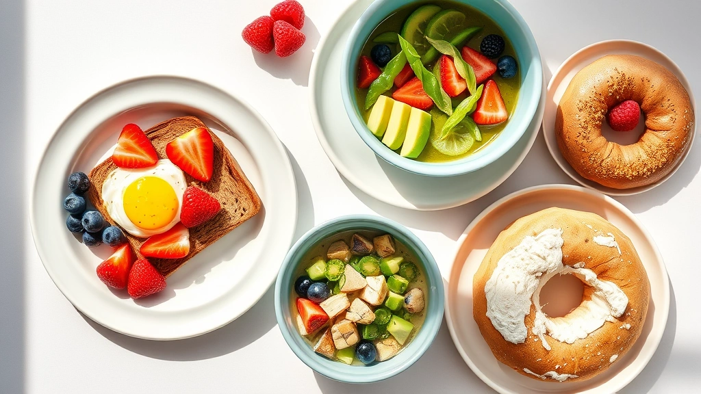 Vibrant breakfast spread comparison featuring multiple bowls and plates: Greek yogurt parfait with berries, whole grain toast with avocado and egg, smoothie bowl, and traditional cream cheese bagel arranged symmetrically, bright natural morning light, food styling