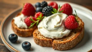 Close-up of cream cheese spread on whole grain toast with fresh berries and herbs, showing texture and nutrition appeal, warm lighting, minimalist plate styling