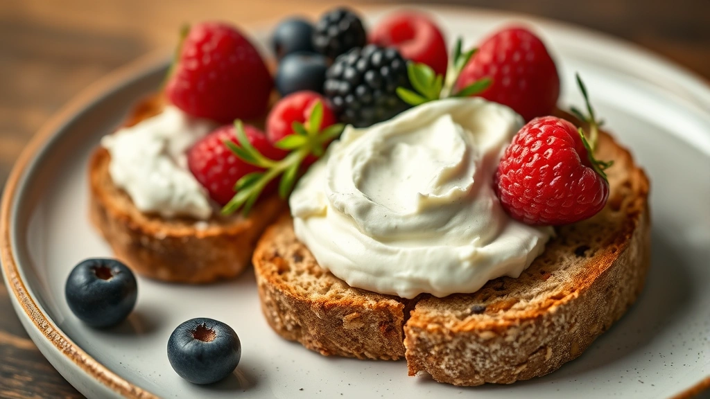 Close-up of cream cheese spread on whole grain toast with fresh berries and herbs, showing texture and nutrition appeal, warm lighting, minimalist plate styling