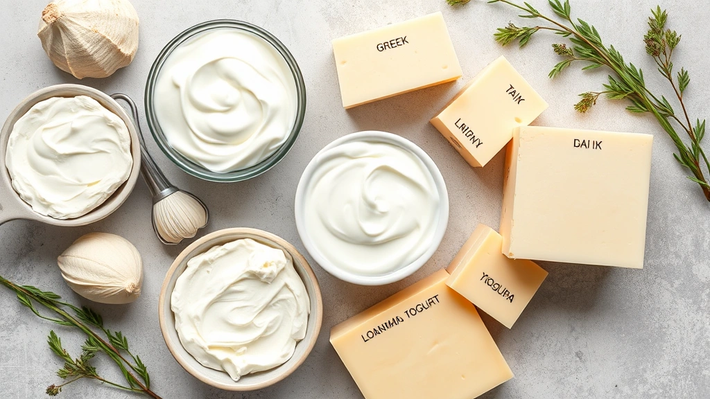 Overhead flat lay of various dairy products including cream cheese, Greek yogurt, and hard cheese blocks with measurement labels, professional food photography, neutral background