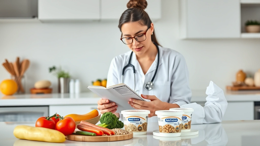 Nutritionist or dietitian reviewing food labels and cream cheese containers at a bright kitchen counter with vegetables and whole grains visible, professional healthcare setting