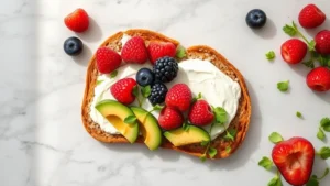 Flat lay overhead shot of cream cheese spread on whole grain toast with fresh berries, sliced avocado, and microgreens on marble countertop, natural morning light streaming from left side, soft shadows, professional food photography style, no text or labels visible