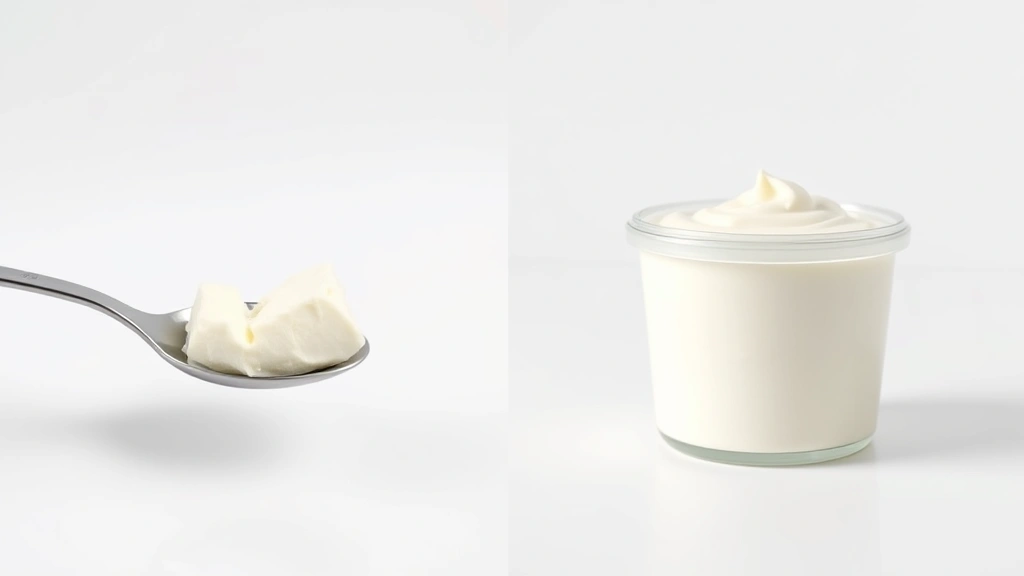 Split-screen comparison composition showing measuring spoon with cream cheese portion on left side and full container on right, neutral white background, studio lighting, clean minimalist aesthetic, demonstrating portion control concept visually, no measuring numbers or text