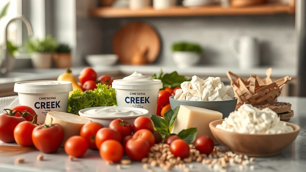 Modern kitchen counter scene with various dairy products arranged artfully including cream cheese, Greek yogurt container, cottage cheese bowl, and ricotta, surrounded by fresh vegetables and whole grains, warm natural lighting, depth of field photography, no visible brand logos or text overlays
