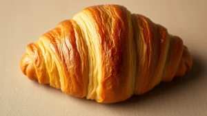 Professional close-up photography of a golden-brown butter croissant with visible flaky layers and steam rising, shot from directly above on a neutral beige surface, professional bakery lighting, shallow depth of field