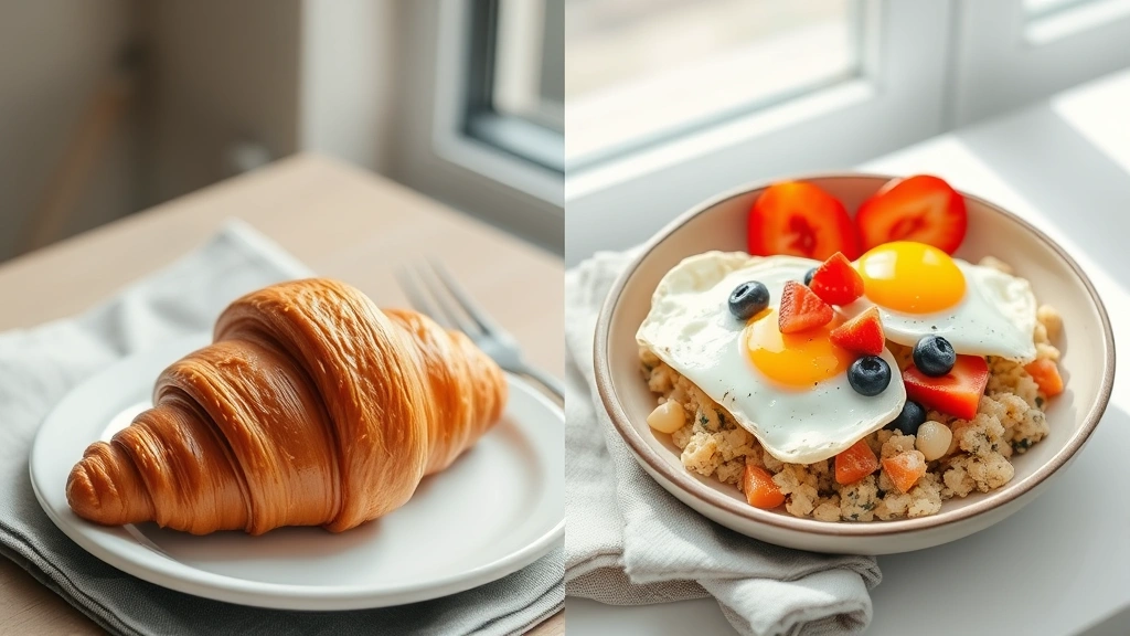 Split-screen comparison showing a croissant alongside a protein-rich breakfast bowl with eggs and fruit, bright natural window lighting, food styling with linen napkin and ceramic plate, digital nutrition planning aesthetic