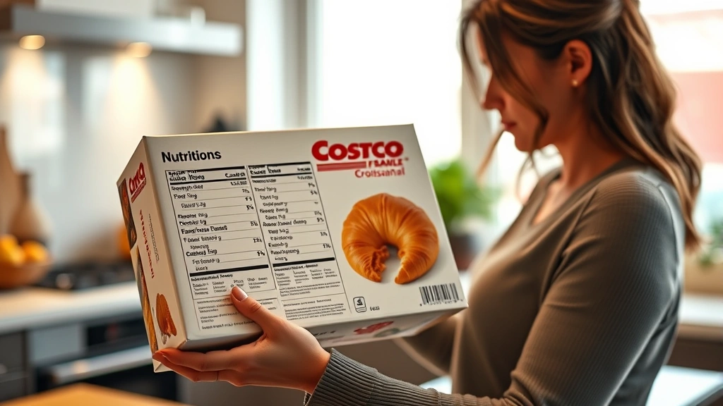 Modern kitchen scene with a person examining a Costco nutrition label on a croissant box, warm ambient lighting, hands holding product packaging, educational health-conscious composition