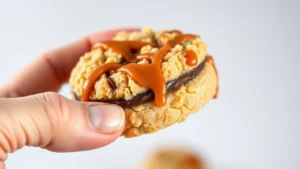 Close-up of a hand holding a Crumbl cookie with caramel drizzle, showing texture and layers, professional food photography lighting, minimalist white background, shallow depth of field