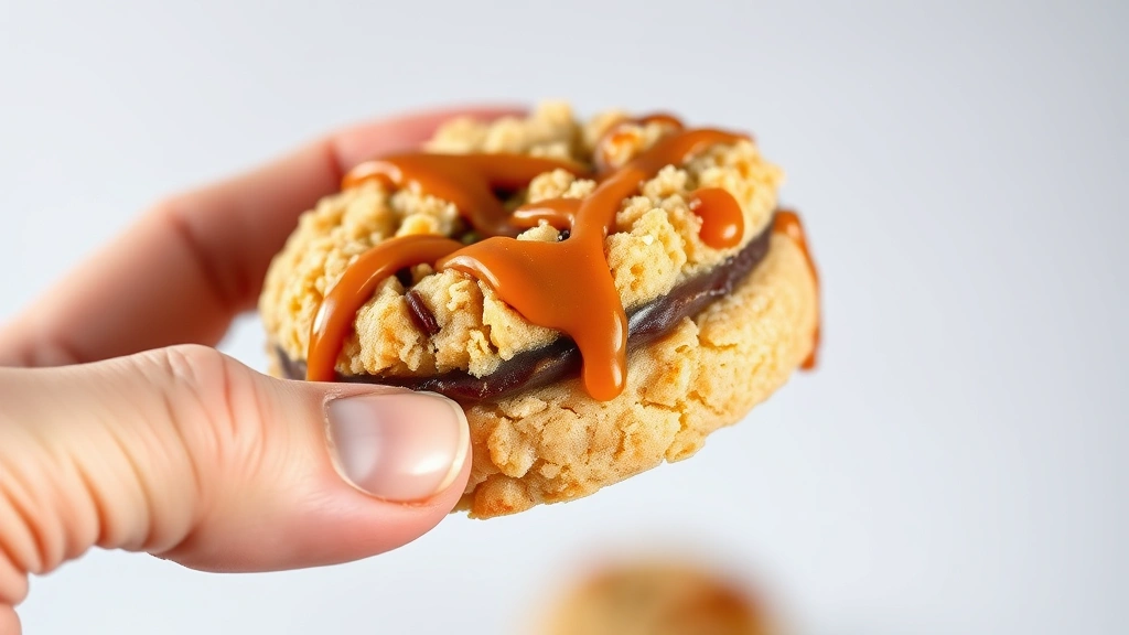 Close-up of a hand holding a Crumbl cookie with caramel drizzle, showing texture and layers, professional food photography lighting, minimalist white background, shallow depth of field