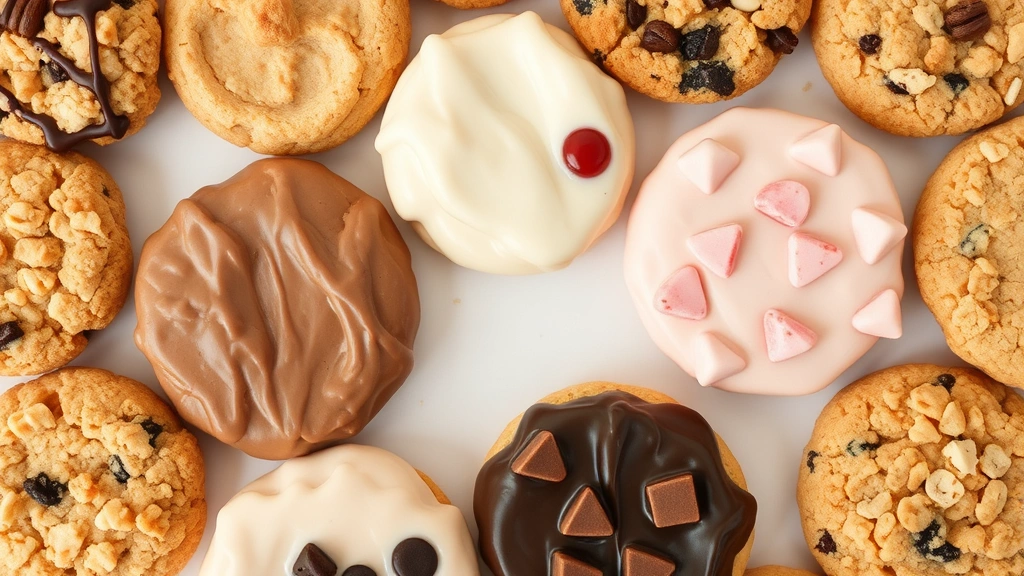 Flat lay composition of various Crumbl cookie flavors arranged in a circle, different colors and toppings visible, natural daylight, overhead angle, lifestyle food photography