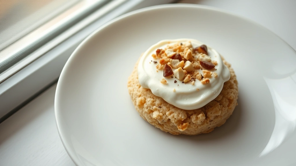 Close-up overhead shot of a single Crumbl cookie on a white ceramic plate, showing detailed frosting texture and toppings, soft natural window lighting, minimalist composition with subtle nutrition label blur in background