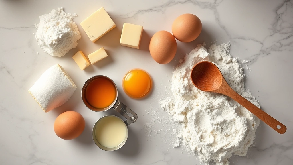 Flat lay composition of baking ingredients (butter, sugar, eggs, flour) arranged artfully on marble countertop with measuring cups and wooden spoon, warm kitchen lighting, professional food photography style