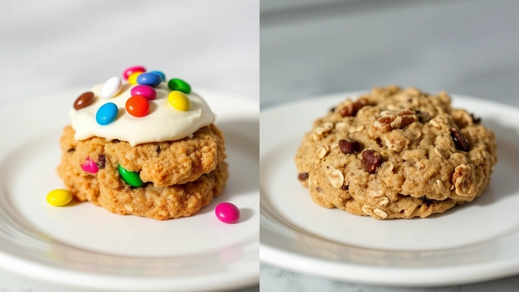 Split-screen comparison: left side shows indulgent Crumbl cookie with thick frosting and candy toppings, right side shows homemade oatmeal cookie with visible oats and nuts, both on matching plates, natural daylight